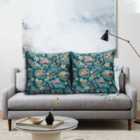 Hawaiian and Japanese Culture Together Pillow Cover Hawaiian Island Shapes with Japanese Landscape Teal Color