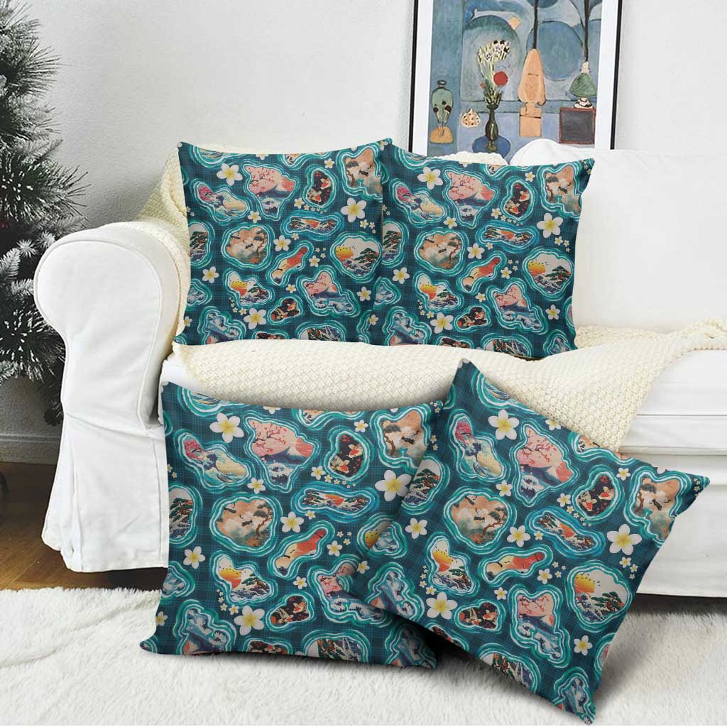 Hawaiian and Japanese Culture Together Pillow Cover Hawaiian Island Shapes with Japanese Landscape Teal Color