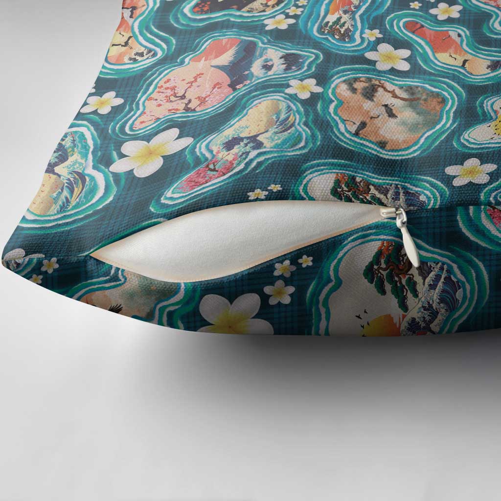 Hawaiian and Japanese Culture Together Pillow Cover Hawaiian Island Shapes with Japanese Landscape Teal Color