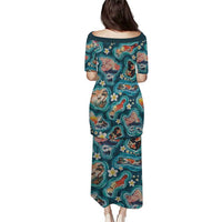 Hawaiian and Japanese Culture Together Puletasi Hawaiian Island Shapes with Japanese Landscape Teal Color