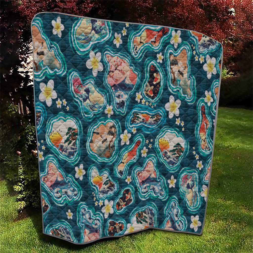 Hawaiian and Japanese Culture Together Quilt Hawaiian Island Shapes with Japanese Landscape Teal Color