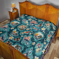 Hawaiian and Japanese Culture Together Quilt Hawaiian Island Shapes with Japanese Landscape Teal Color