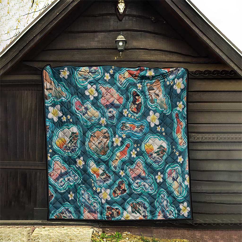 Hawaiian and Japanese Culture Together Quilt Hawaiian Island Shapes with Japanese Landscape Teal Color
