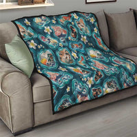 Hawaiian and Japanese Culture Together Quilt Hawaiian Island Shapes with Japanese Landscape Teal Color