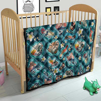 Hawaiian and Japanese Culture Together Quilt Hawaiian Island Shapes with Japanese Landscape Teal Color