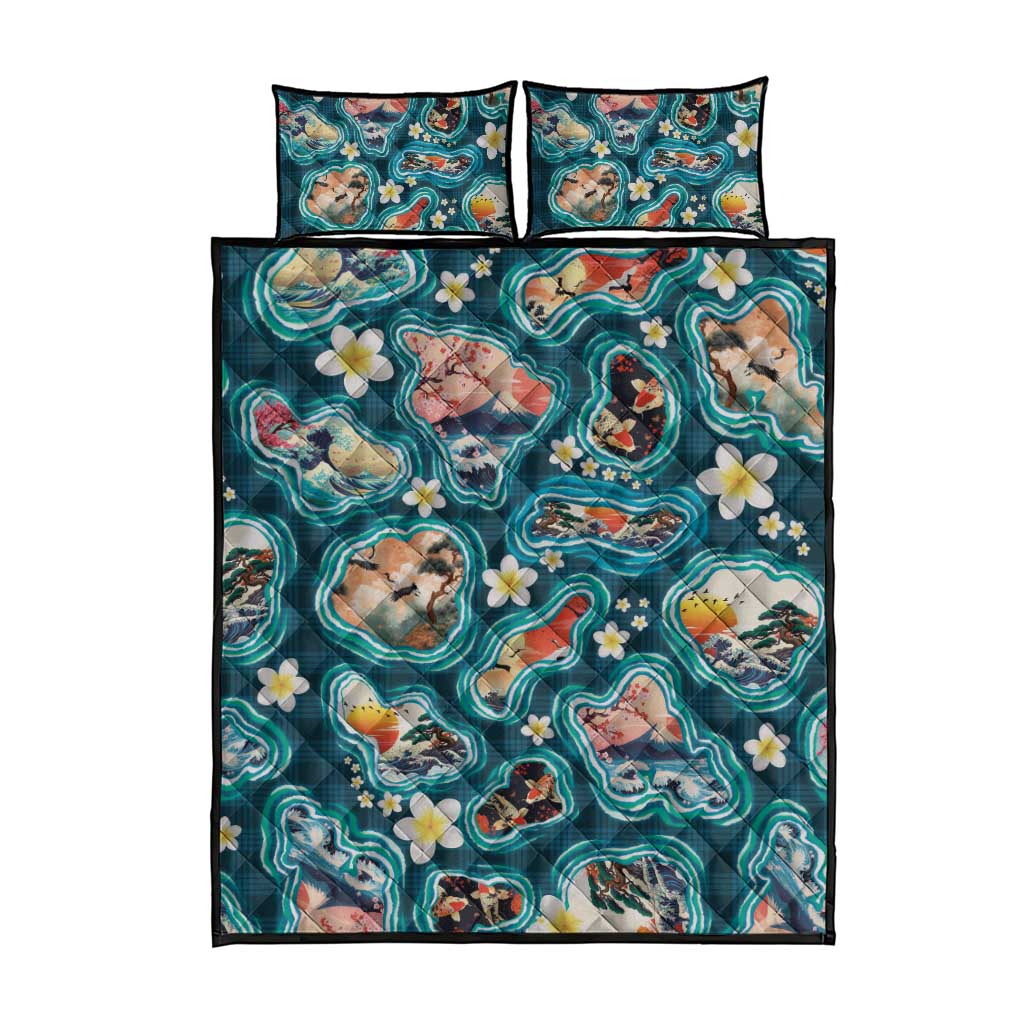 Hawaiian and Japanese Culture Together Quilt Bed Set Hawaiian Island Shapes with Japanese Landscape Teal Color