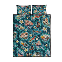 Hawaiian and Japanese Culture Together Quilt Bed Set Hawaiian Island Shapes with Japanese Landscape Teal Color