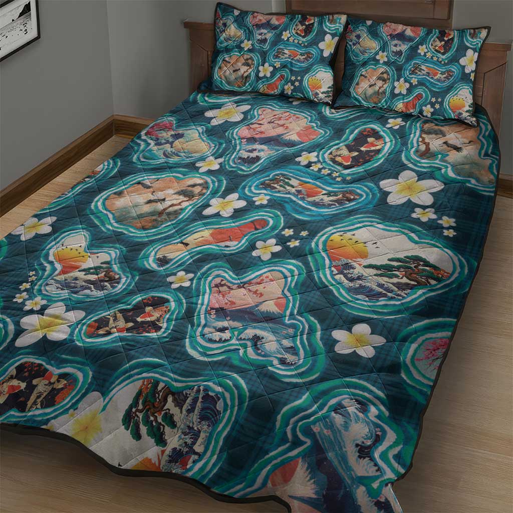 Hawaiian and Japanese Culture Together Quilt Bed Set Hawaiian Island Shapes with Japanese Landscape Teal Color