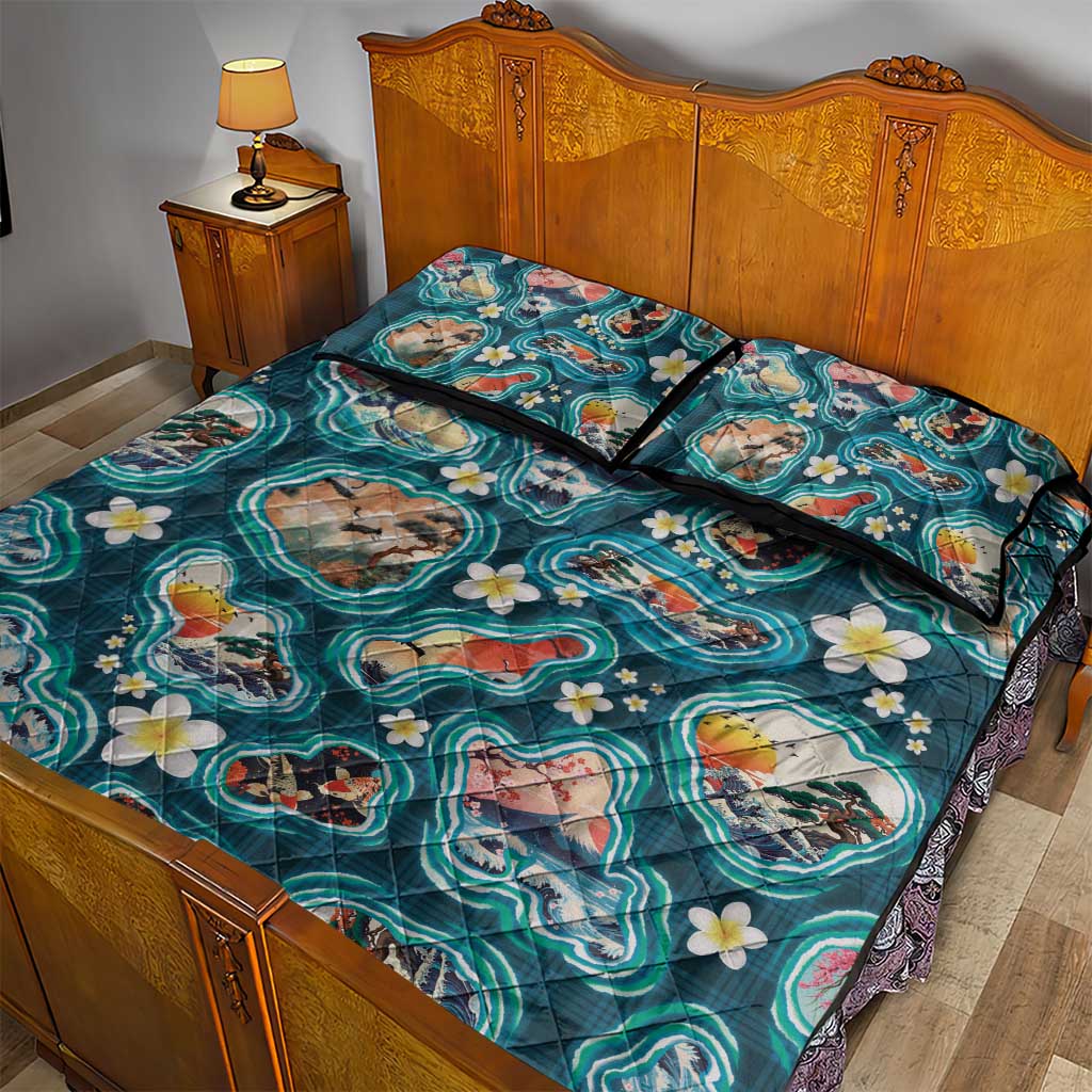 Hawaiian and Japanese Culture Together Quilt Bed Set Hawaiian Island Shapes with Japanese Landscape Teal Color