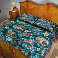 Hawaiian and Japanese Culture Together Quilt Bed Set Hawaiian Island Shapes with Japanese Landscape Teal Color