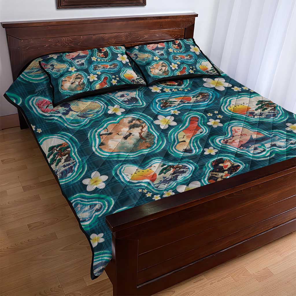 Hawaiian and Japanese Culture Together Quilt Bed Set Hawaiian Island Shapes with Japanese Landscape Teal Color
