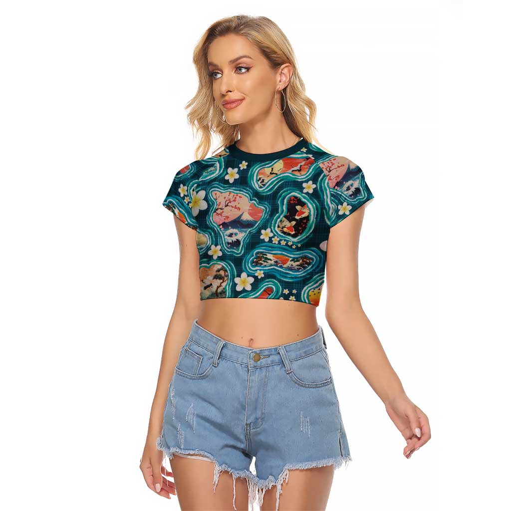 Hawaiian and Japanese Culture Together Raglan Cropped T Shirt Hawaiian Island Shapes with Japanese Landscape Teal Color