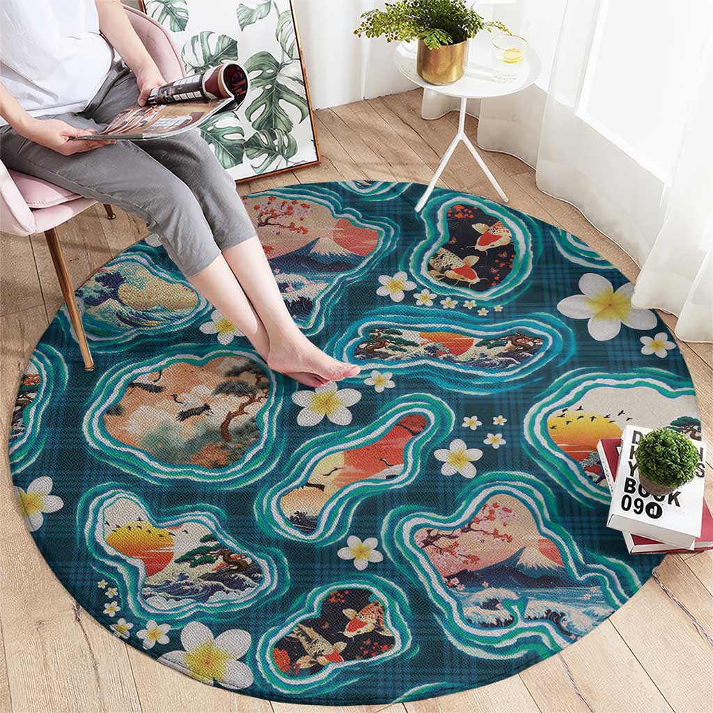 Hawaiian and Japanese Culture Together Round Carpet Hawaiian Island Shapes with Japanese Landscape Teal Color