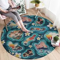 Hawaiian and Japanese Culture Together Round Carpet Hawaiian Island Shapes with Japanese Landscape Teal Color