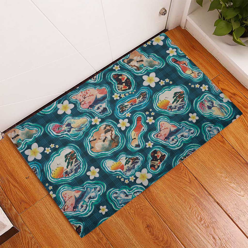 Hawaiian and Japanese Culture Together Rubber Doormat Hawaiian Island Shapes with Japanese Landscape Teal Color