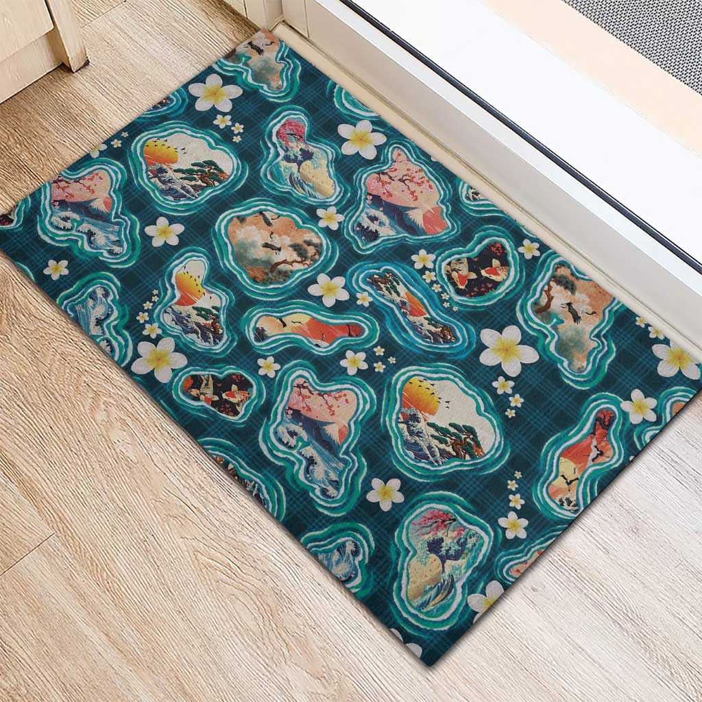 Hawaiian and Japanese Culture Together Rubber Doormat Hawaiian Island Shapes with Japanese Landscape Teal Color