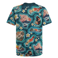 Hawaiian and Japanese Culture Together Rugby Jersey Hawaiian Island Shapes with Japanese Landscape Teal Color