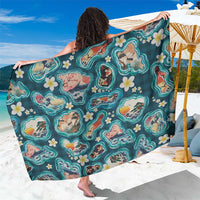 Hawaiian and Japanese Culture Together Sarong Hawaiian Island Shapes with Japanese Landscape Teal Color