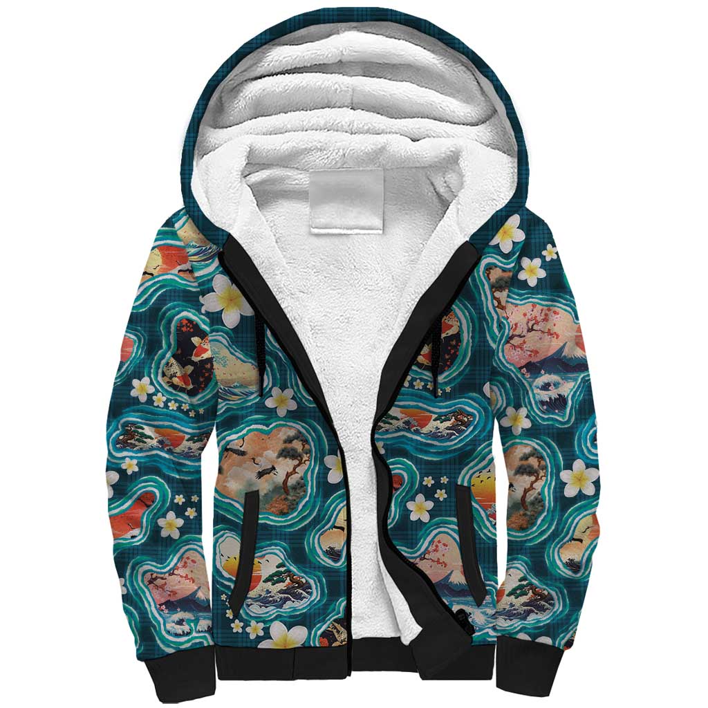 Hawaiian and Japanese Culture Together Sherpa Hoodie Hawaiian Island Shapes with Japanese Landscape Teal Color