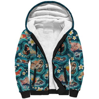 Hawaiian and Japanese Culture Together Sherpa Hoodie Hawaiian Island Shapes with Japanese Landscape Teal Color