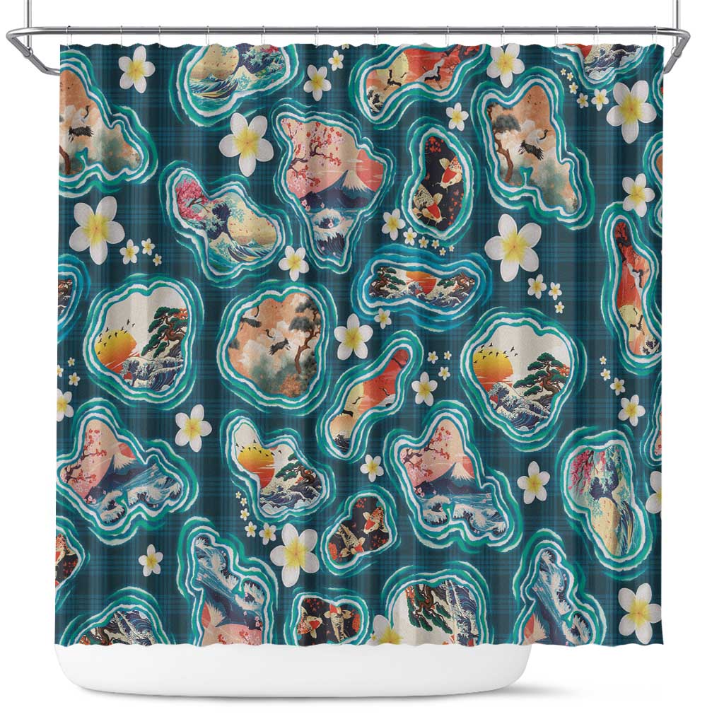 Hawaiian and Japanese Culture Together Shower Curtain Hawaiian Island Shapes with Japanese Landscape Teal Color