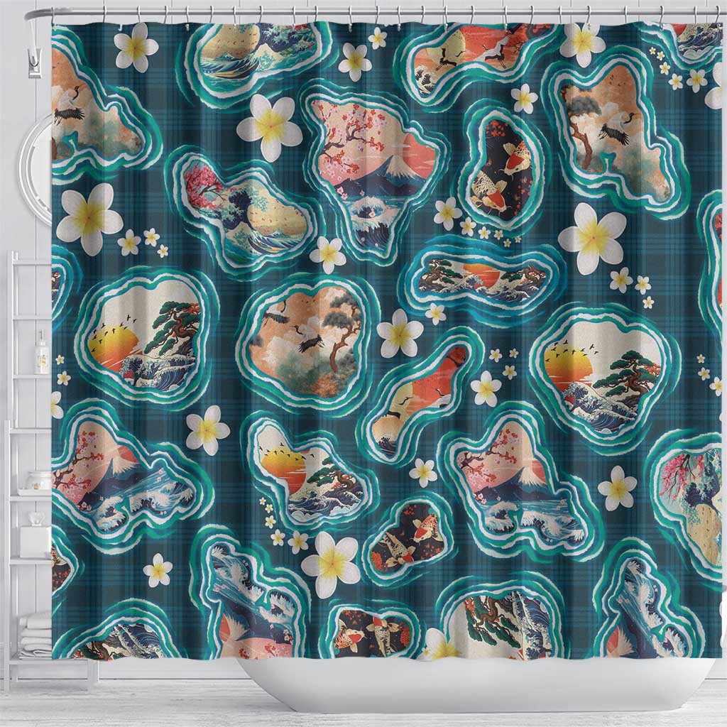 Hawaiian and Japanese Culture Together Shower Curtain Hawaiian Island Shapes with Japanese Landscape Teal Color