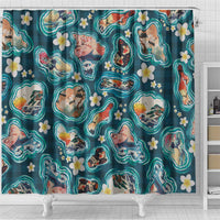 Hawaiian and Japanese Culture Together Shower Curtain Hawaiian Island Shapes with Japanese Landscape Teal Color