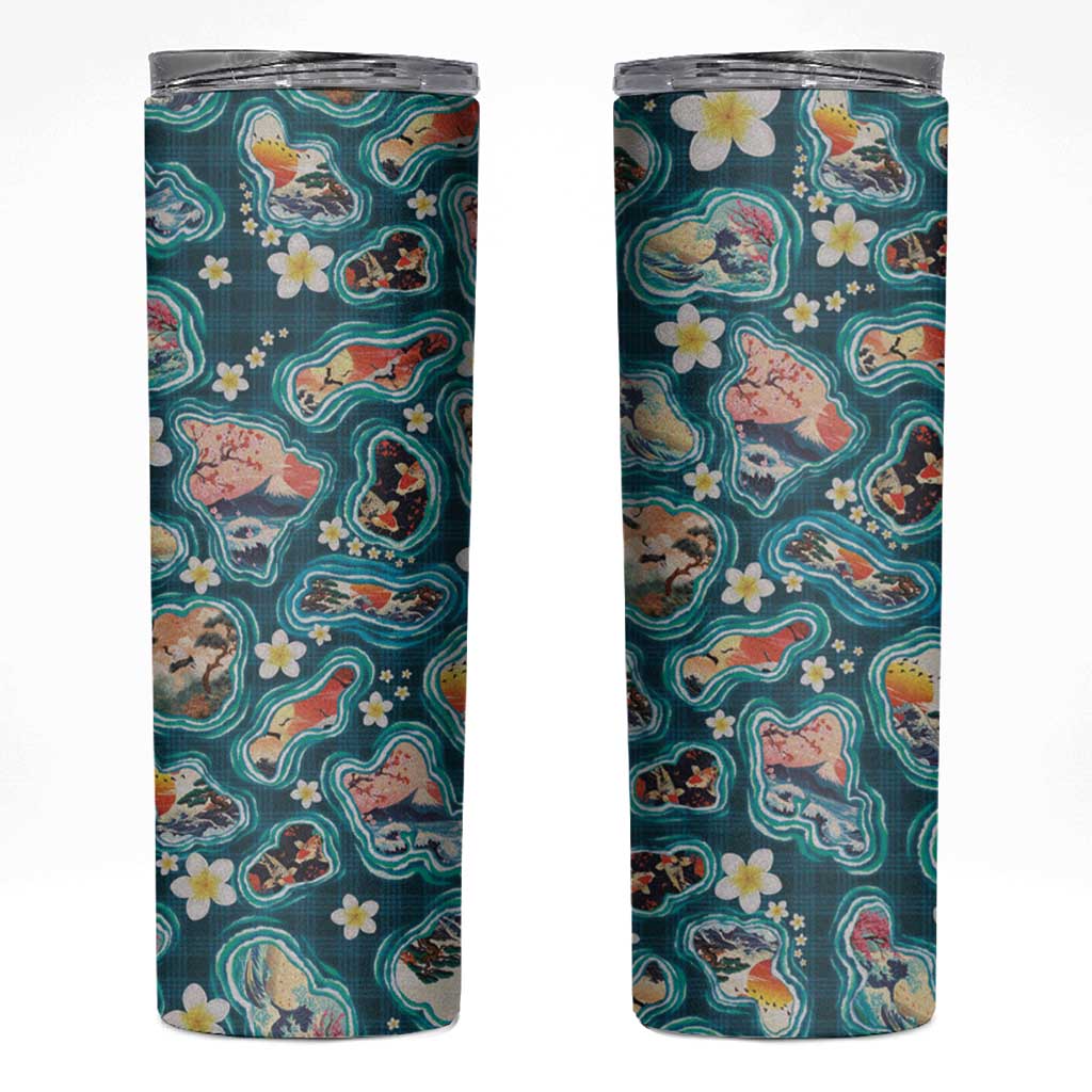 Hawaiian and Japanese Culture Together Skinny Tumbler Hawaiian Island Shapes with Japanese Landscape Teal Color LT03 Teal - Polynesian Pride