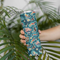 Hawaiian and Japanese Culture Together Skinny Tumbler Hawaiian Island Shapes with Japanese Landscape Teal Color