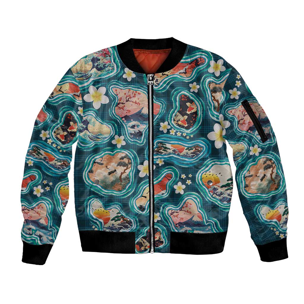Hawaiian and Japanese Culture Together Sleeve Zip Bomber Jacket Hawaiian Island Shapes with Japanese Landscape Teal Color LT03 Unisex Teal - Polynesian Pride
