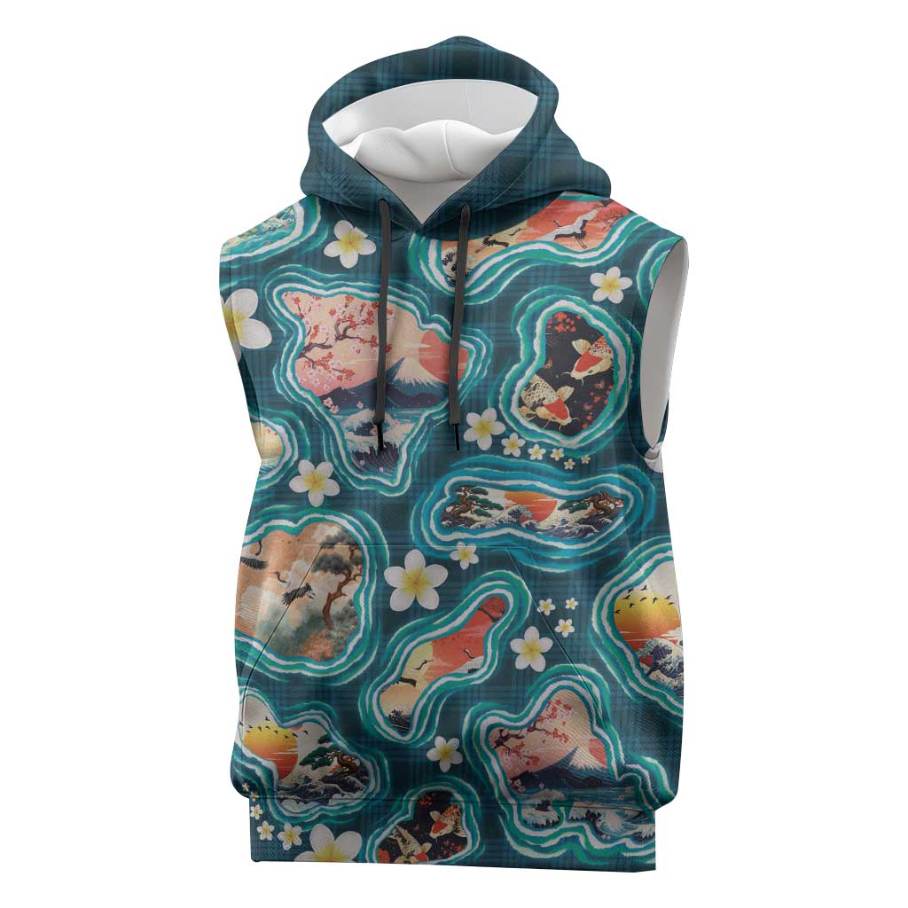 Hawaiian and Japanese Culture Together Sleeveless Hoodie Hawaiian Island Shapes with Japanese Landscape Teal Color