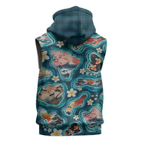 Hawaiian and Japanese Culture Together Sleeveless Hoodie Hawaiian Island Shapes with Japanese Landscape Teal Color