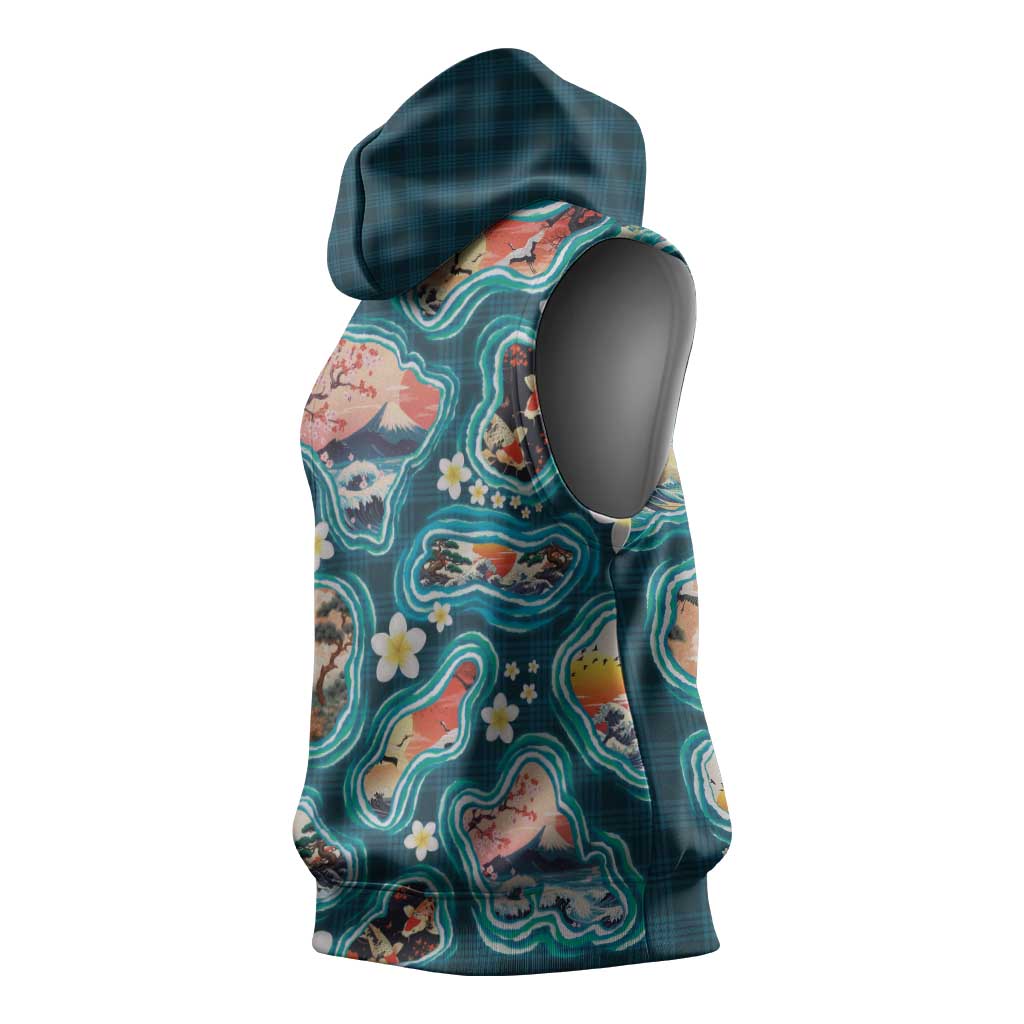 Hawaiian and Japanese Culture Together Sleeveless Hoodie Hawaiian Island Shapes with Japanese Landscape Teal Color