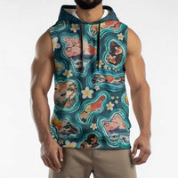 Hawaiian and Japanese Culture Together Sleeveless Hoodie Hawaiian Island Shapes with Japanese Landscape Teal Color