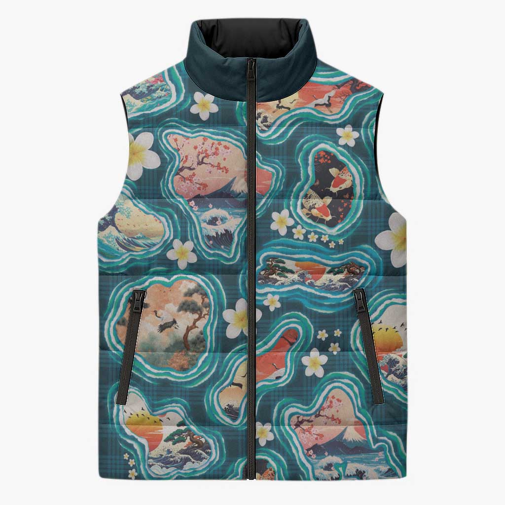 Hawaiian and Japanese Culture Together Sleeveless Puffer Jacket Hawaiian Island Shapes with Japanese Landscape Teal Color