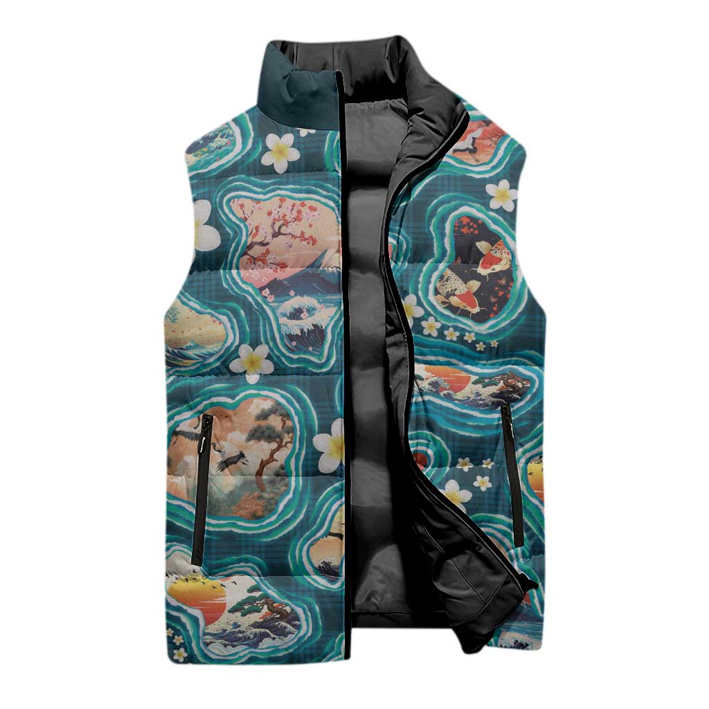 Hawaiian and Japanese Culture Together Sleeveless Puffer Jacket Hawaiian Island Shapes with Japanese Landscape Teal Color