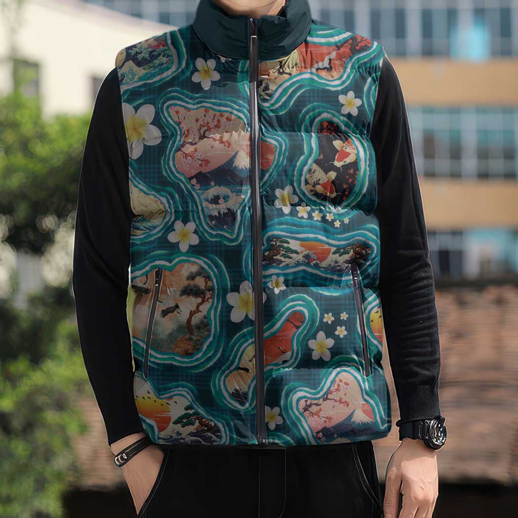 Hawaiian and Japanese Culture Together Sleeveless Puffer Jacket Hawaiian Island Shapes with Japanese Landscape Teal Color