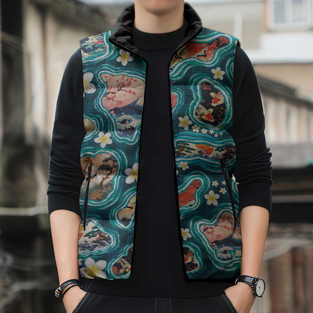 Hawaiian and Japanese Culture Together Sleeveless Puffer Jacket Hawaiian Island Shapes with Japanese Landscape Teal Color