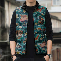 Hawaiian and Japanese Culture Together Sleeveless Puffer Jacket Hawaiian Island Shapes with Japanese Landscape Teal Color