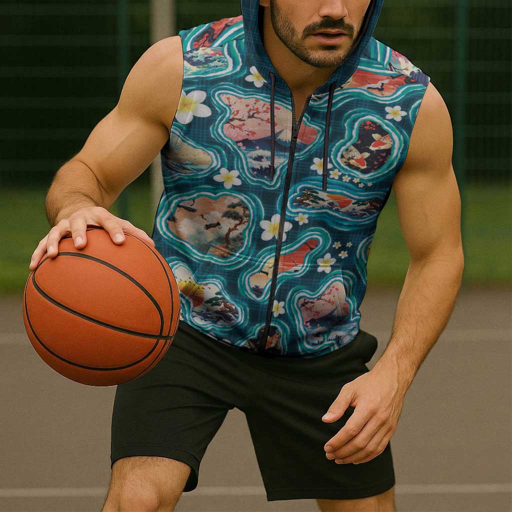 Hawaiian and Japanese Culture Together Sleeveless Zip Hoodie Hawaiian Island Shapes with Japanese Landscape Teal Color