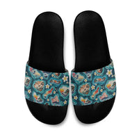 Hawaiian and Japanese Culture Together Slide Sandals Hawaiian Island Shapes with Japanese Landscape Teal Color