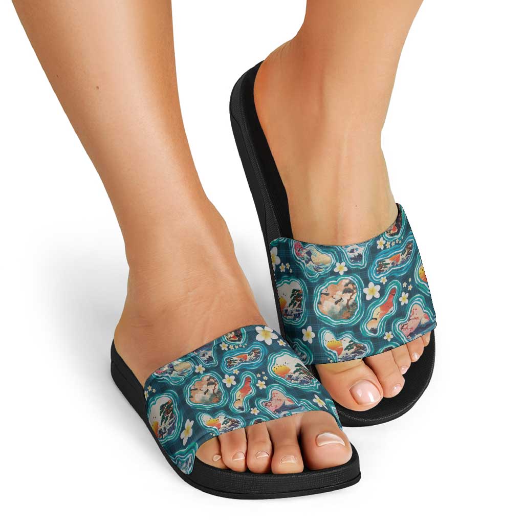 Hawaiian and Japanese Culture Together Slide Sandals Hawaiian Island Shapes with Japanese Landscape Teal Color