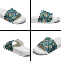 Hawaiian and Japanese Culture Together Slide Sandals Hawaiian Island Shapes with Japanese Landscape Teal Color