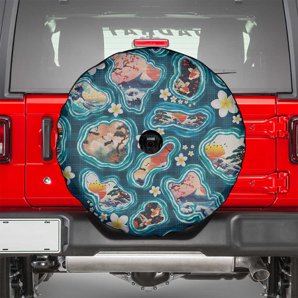 Hawaiian and Japanese Culture Together Spare Tire Cover Hawaiian Island Shapes with Japanese Landscape Teal Color