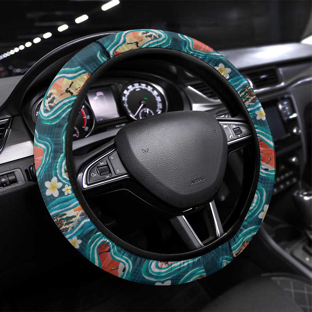 Hawaiian and Japanese Culture Together Steering Wheel Cover Hawaiian Island Shapes with Japanese Landscape Teal Color