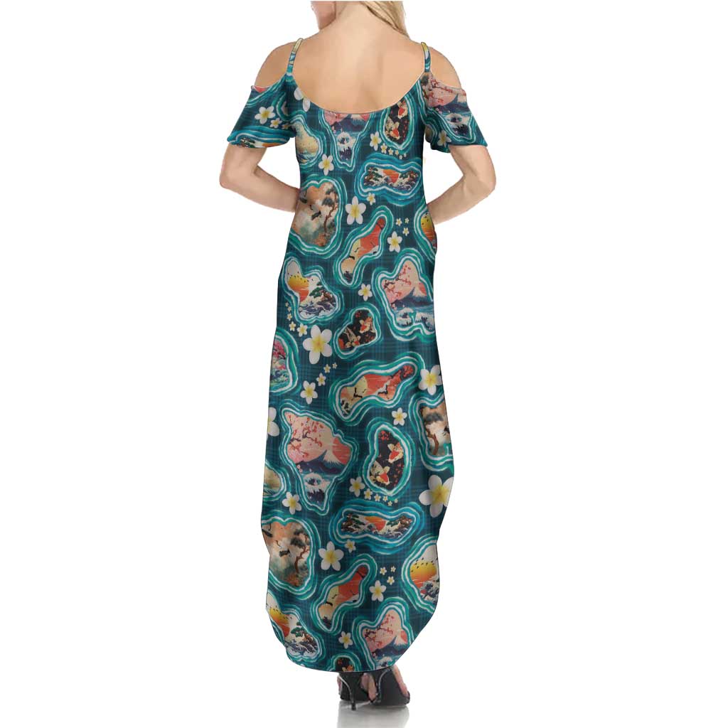 Hawaiian and Japanese Culture Together Summer Maxi Dress Hawaiian Island Shapes with Japanese Landscape Teal Color