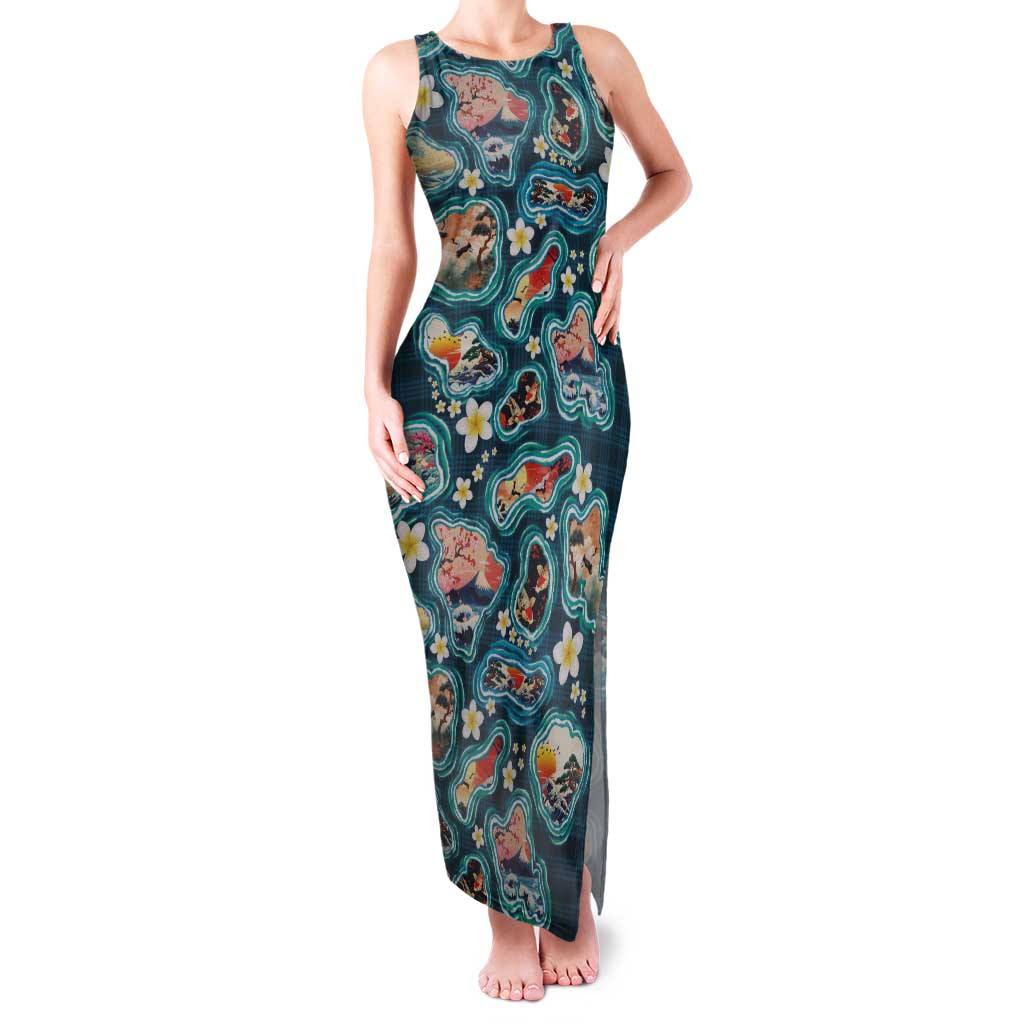 Hawaiian and Japanese Culture Together Tank Maxi Dress Hawaiian Island Shapes with Japanese Landscape Teal Color