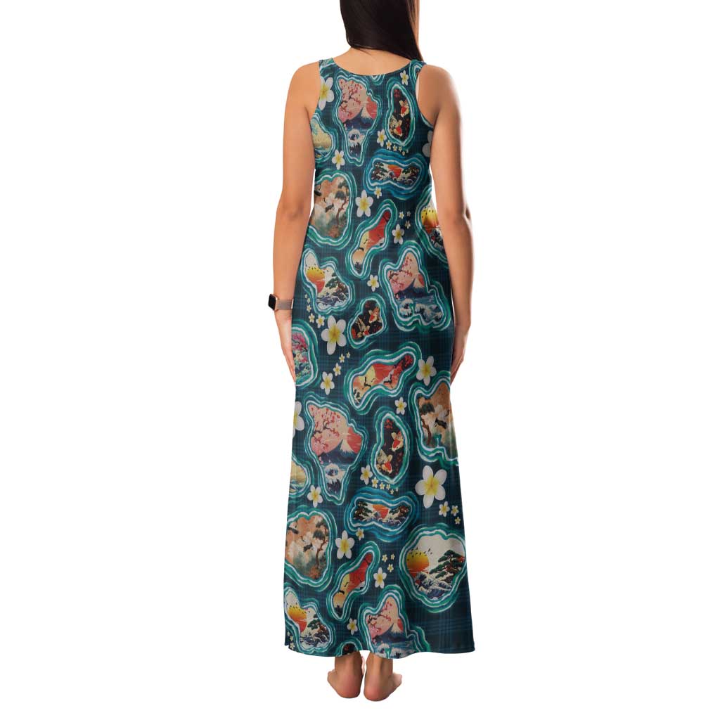 Hawaiian and Japanese Culture Together Tank Maxi Dress Hawaiian Island Shapes with Japanese Landscape Teal Color