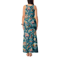 Hawaiian and Japanese Culture Together Tank Maxi Dress Hawaiian Island Shapes with Japanese Landscape Teal Color