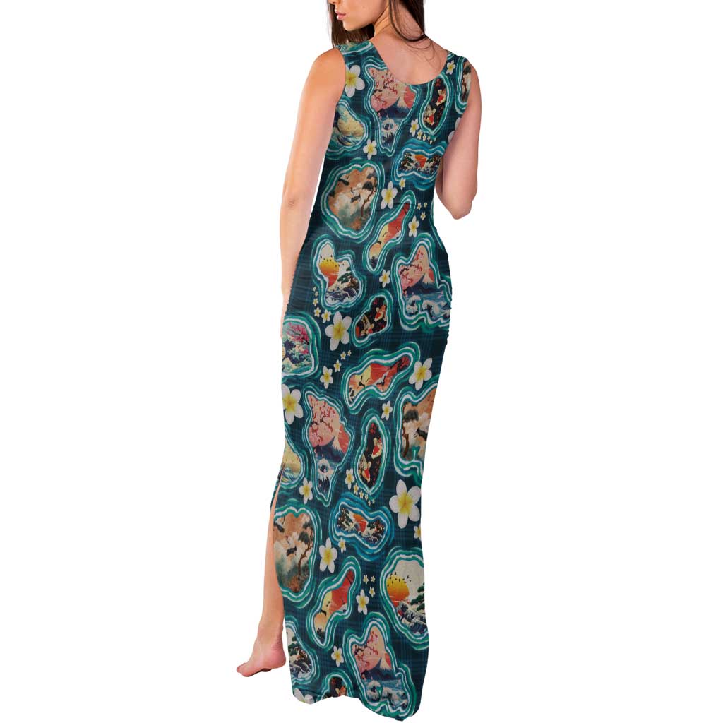 Hawaiian and Japanese Culture Together Tank Maxi Dress Hawaiian Island Shapes with Japanese Landscape Teal Color